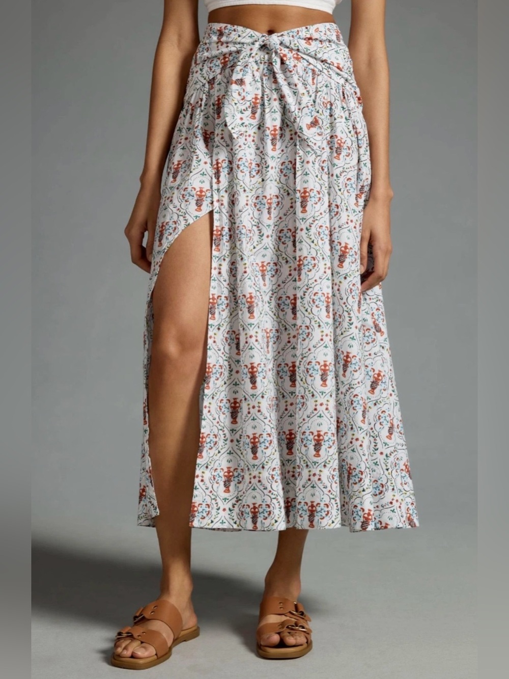 Anthropologie Poplin Tie-Front Side-Slit Skirt Oyster White Vase Pottery Size S